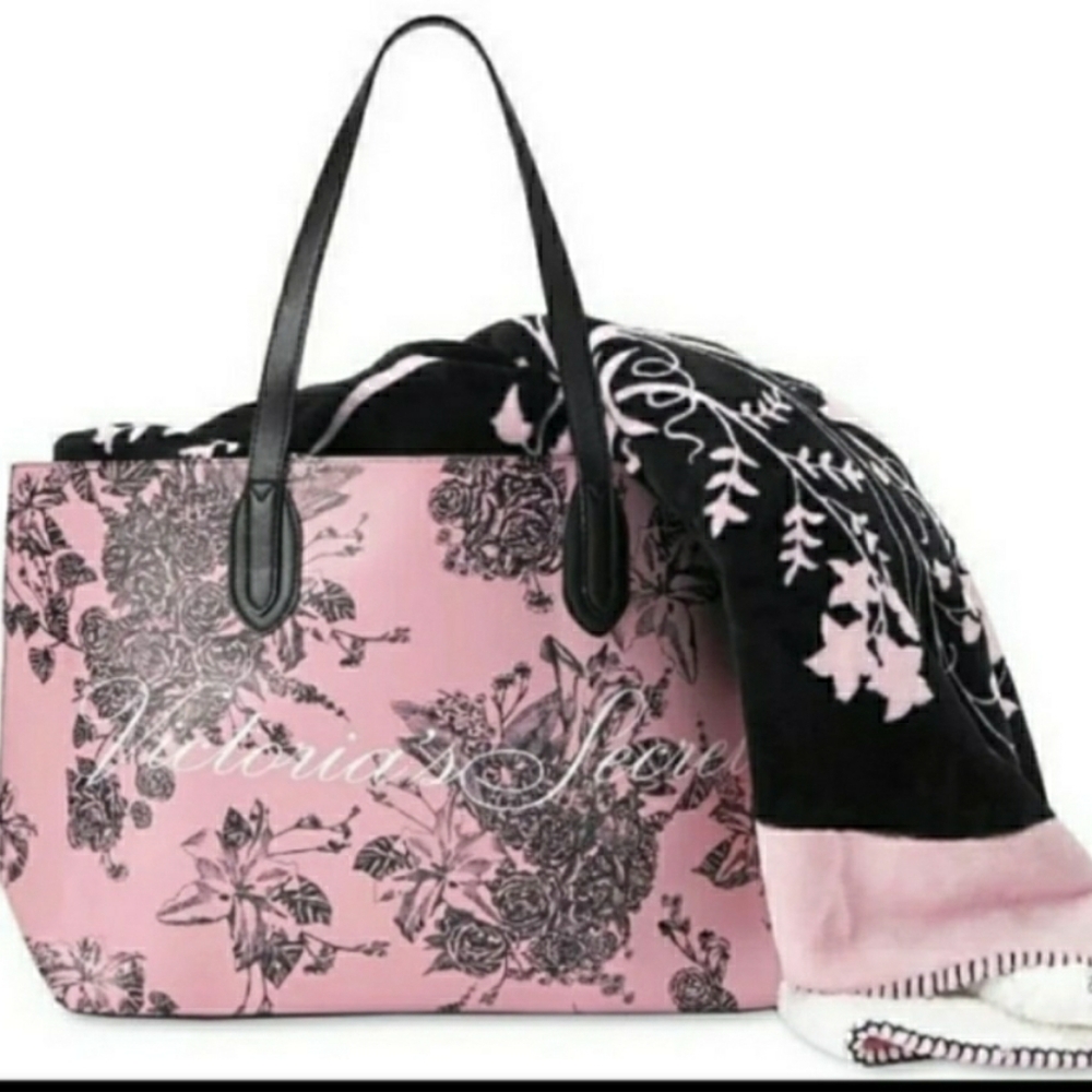 Victoria's Secret Black & Pink Floral Tote & Plush/sherpa Throw NWT Limited Edtn